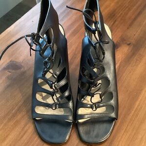 Via Spiga Black Lace-Up Cutout Heeled Sandals